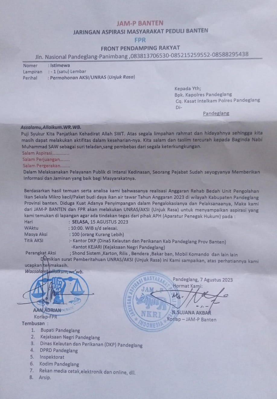 Soal Adanya Dugaan DKP Pandeglang Tidak Transparan JAM-P-BANTEN Dan Aktivis FPR Layangkan Surat Unras