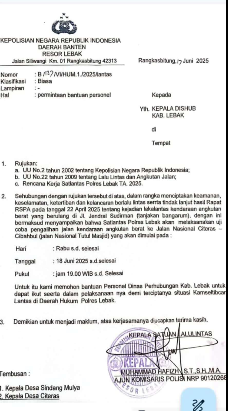 Viral!!! Surat Satlantas Picu Protes Warga Citeras:  Soal Truk Galian