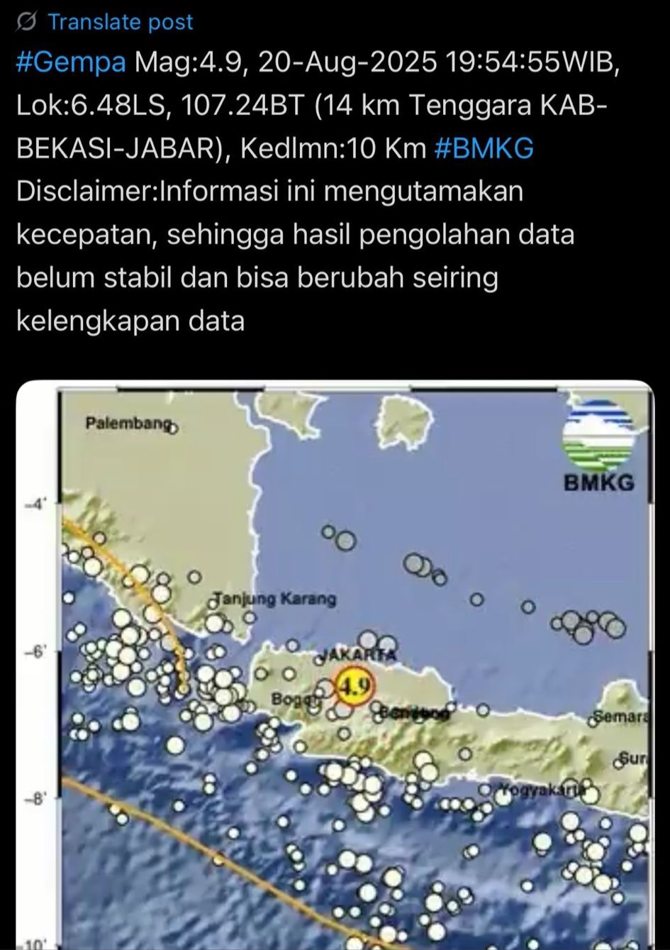 Gempa Magnitudo 4,9 Guncang Bekasi, Warga Mekarjaya ikut Panik