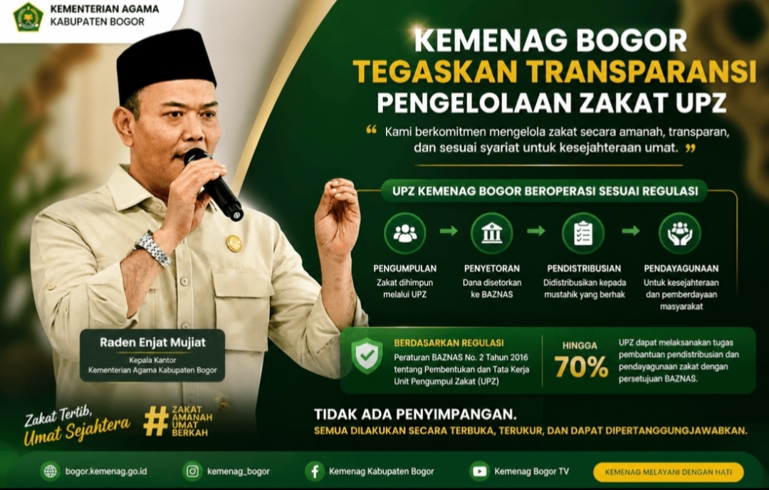 Kepala Kantor Kementerian Agama Kabupaten Bogor, Raden Enjat Mujiat, memberikan klarifikasi bahwa seluruh proses pengumpulan hingga pendistribusian zakat telah berjalan sesuai dengan ketentuan syariat Islam serta regulasi resmi yang berlaku. (dok. Star7Tv/foto edit, Roni)