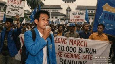 Pic Iwan Setiawan, saat menjadi Kader PMII UIN Bandung. Kala itu, sekitar tahun 2003, Iwan masih aktif sebagai kader PMII UIN Bandung. Bersama elemen buruh dan mahasiswa, ia terlibat langsung dalam mengonsolidasikan gerakan untuk menuntut hak-hak dasar pekerja, (dok. Star7Tv/foto edit, Roni)