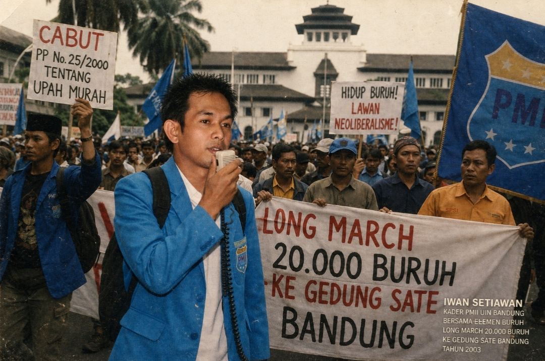 Pic Iwan Setiawan, saat menjadi Kader PMII UIN Bandung. Kala itu, sekitar tahun 2003, Iwan masih aktif sebagai kader PMII UIN Bandung. Bersama elemen buruh dan mahasiswa, ia terlibat langsung dalam mengonsolidasikan gerakan untuk menuntut hak-hak dasar pekerja, (dok. Star7Tv/foto edit, Roni)